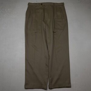 Vtg USA Made 34x30 Beige Tan Flannel Pleated Cuffed High Waist Baggy Dress Pants